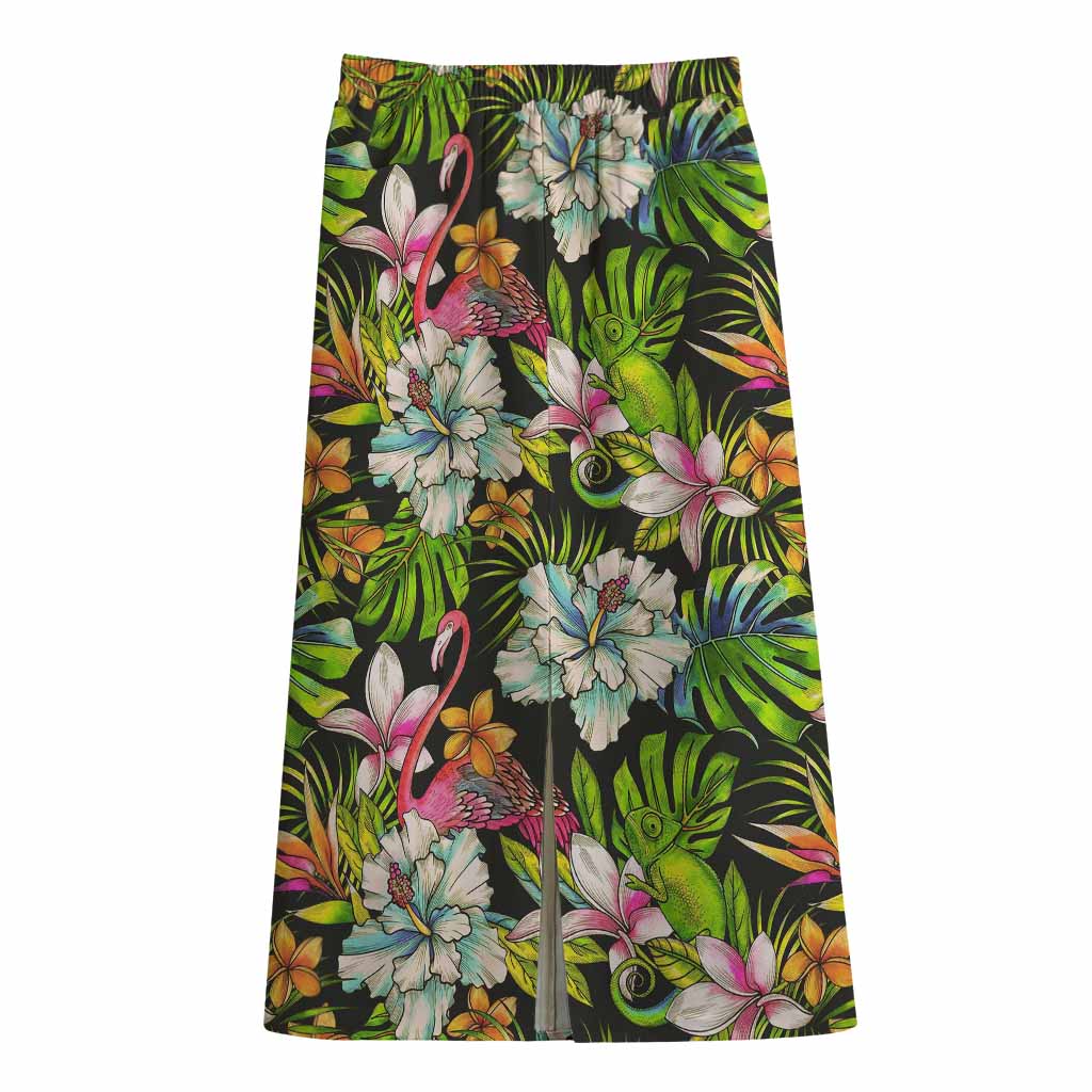 Hawaiian Aloha Tropical Pattern Print Cotton Front Slit Maxi Skirt