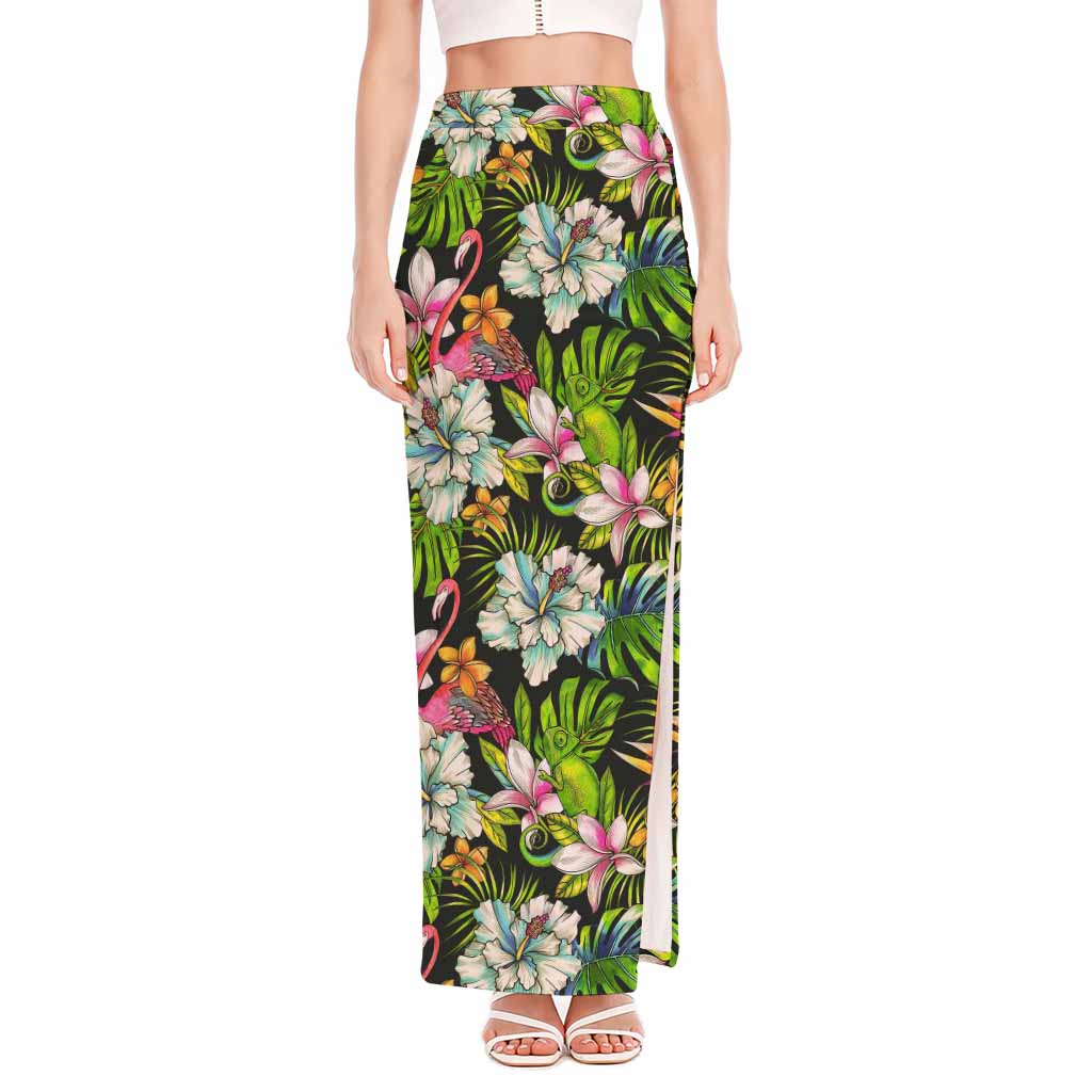 Hawaiian Aloha Tropical Pattern Print High Slit Maxi Skirt