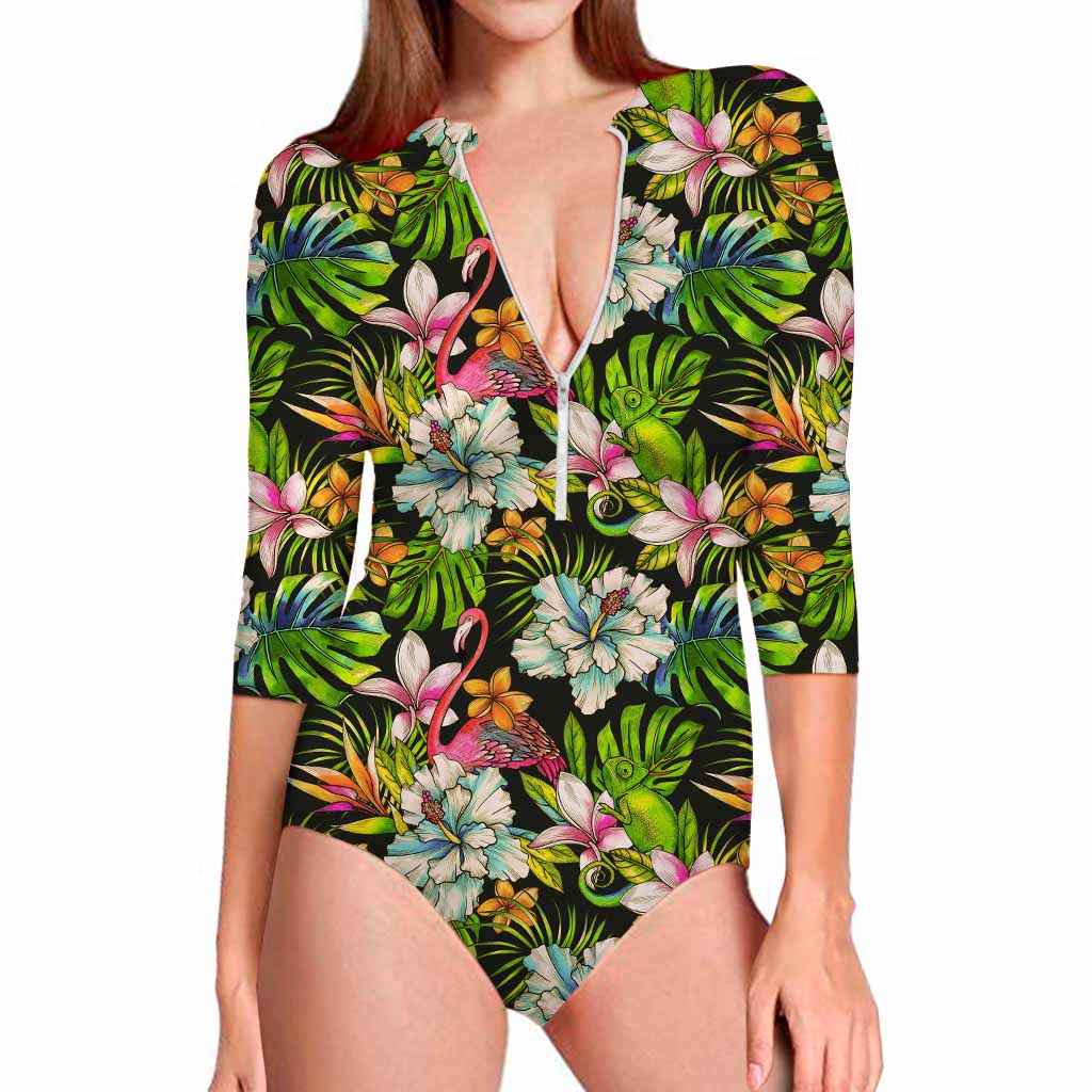 Hawaiian Aloha Tropical Pattern Print Long Sleeve Swimsuit