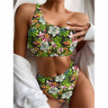 Hawaiian Aloha Tropical Pattern Print One Shoulder Bikini Set