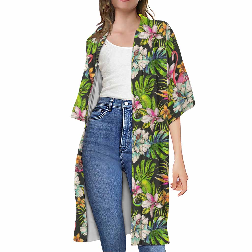 Hawaiian Aloha Tropical Pattern Print Open Front Beach Cover Up