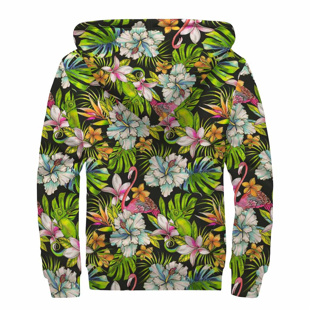 Hawaiian Aloha Tropical Pattern Print Sherpa Lined Zip Up Hoodie