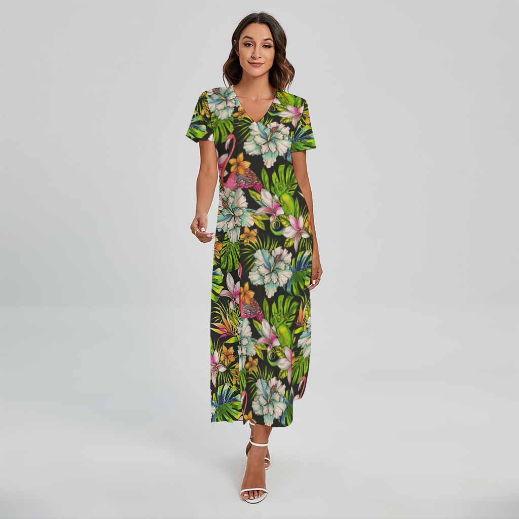 Hawaiian Aloha Tropical Pattern Print Short Sleeve Maxi Dress