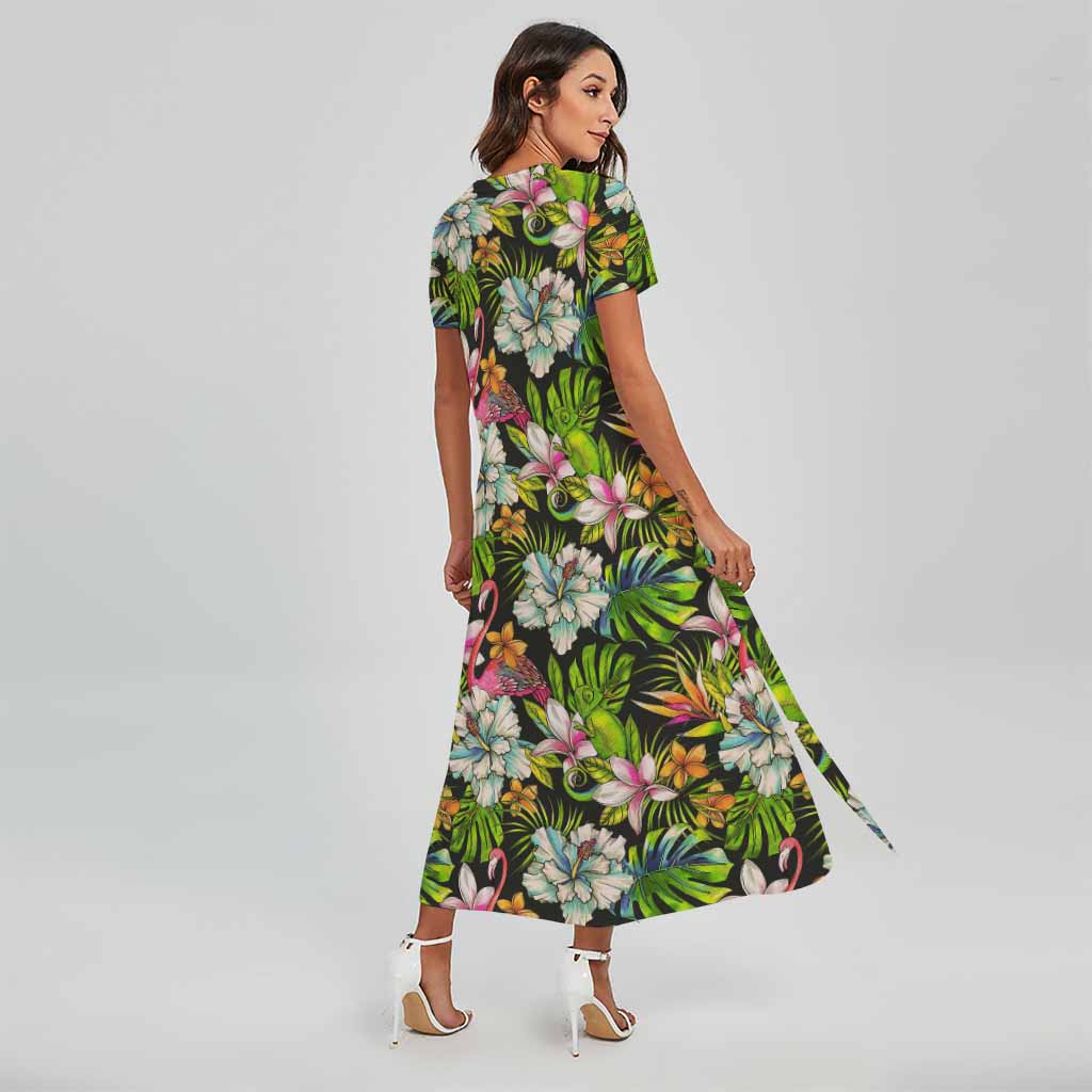 Hawaiian Aloha Tropical Pattern Print Short Sleeve Maxi Dress