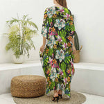 Hawaiian Aloha Tropical Pattern Print Silk V-Neck Kaftan Dress