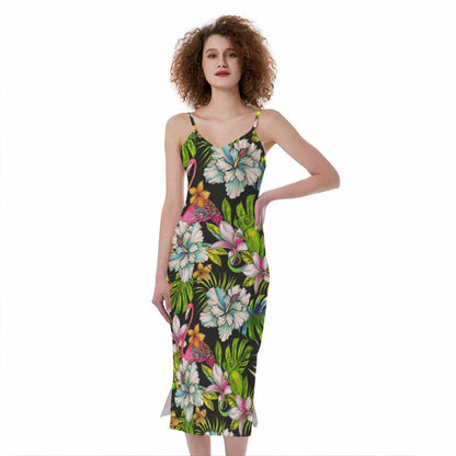 Hawaiian Aloha Tropical Pattern Print Slim Fit Midi Cami Dress