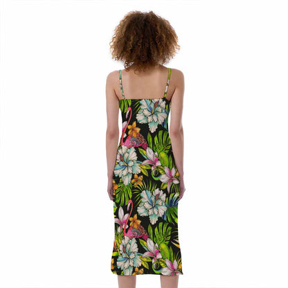 Hawaiian Aloha Tropical Pattern Print Slim Fit Midi Cami Dress