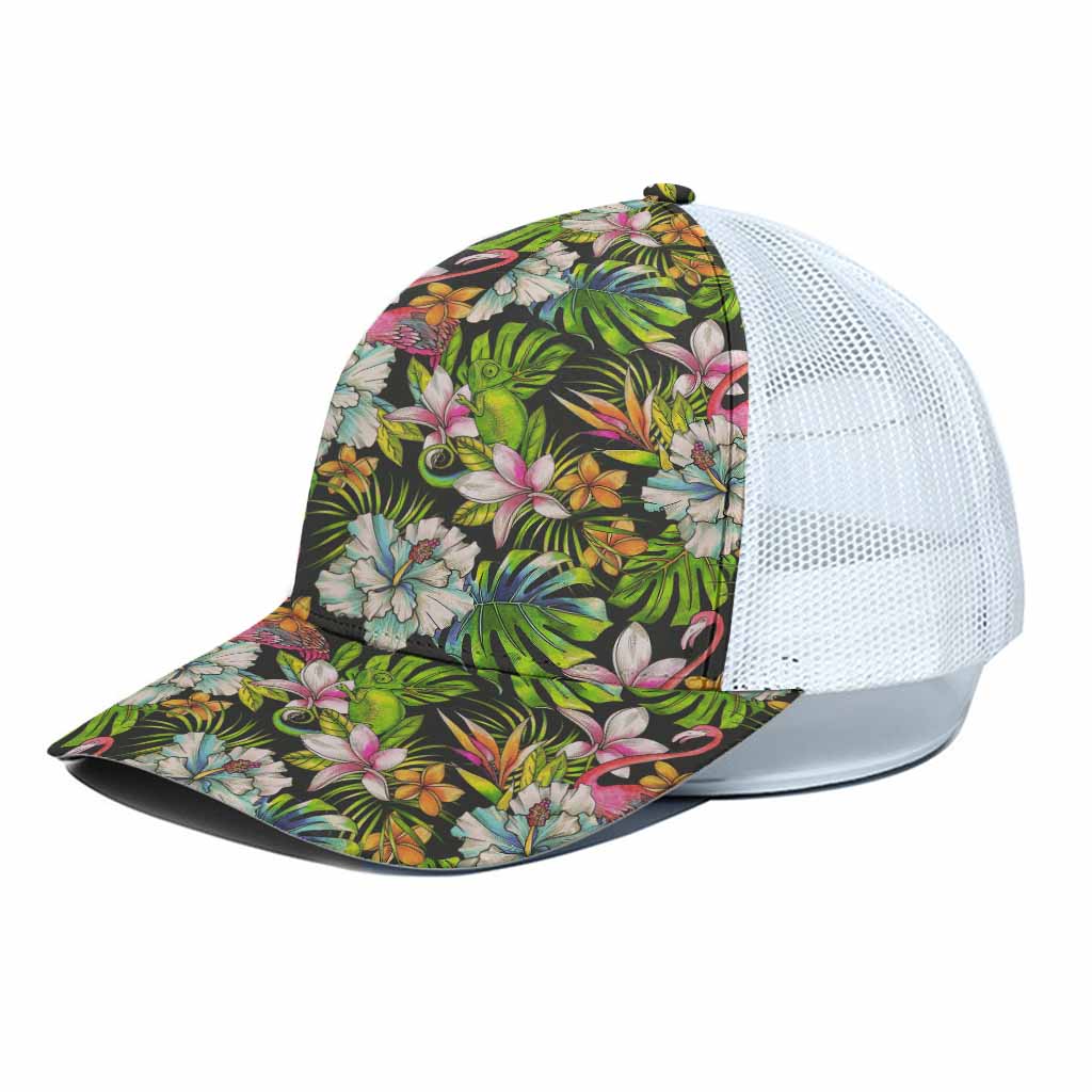 Hawaiian Aloha Tropical Pattern Print White Mesh Trucker Cap