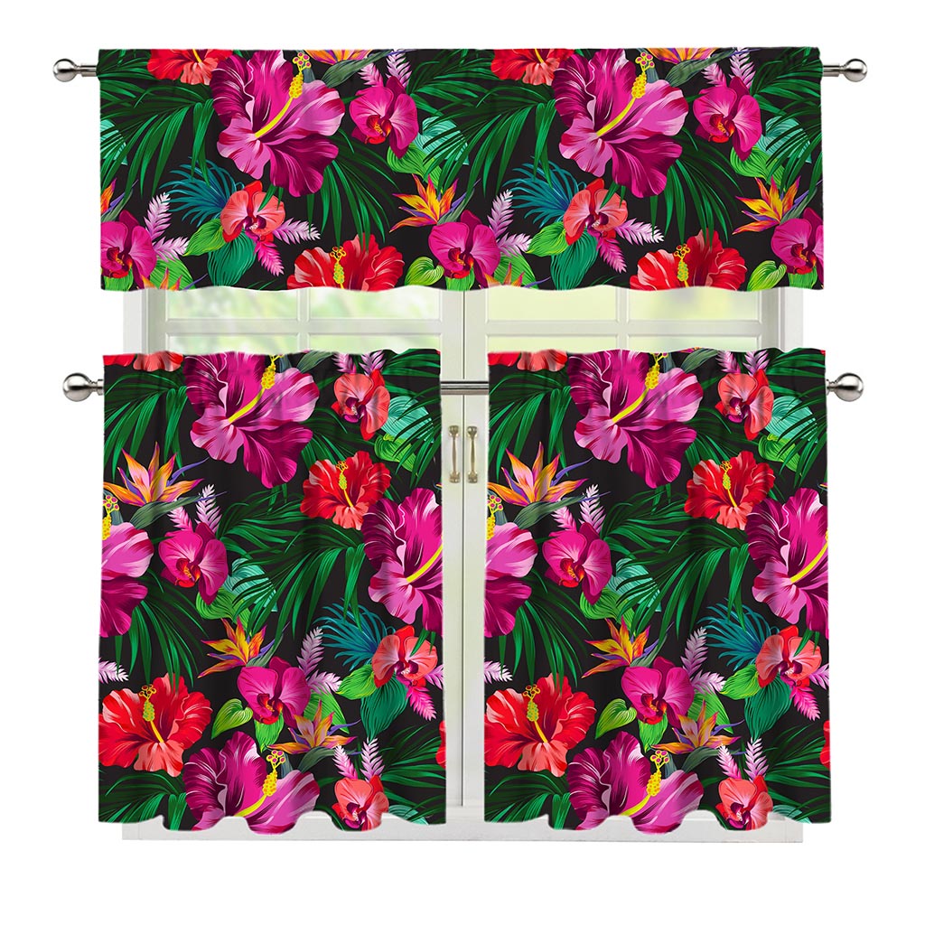 Hawaiian Floral Flowers Pattern Print 3 Piece Kitchen Curtains