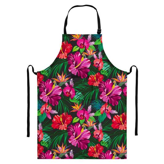 Hawaiian Floral Flowers Pattern Print Bib Apron With Pocket