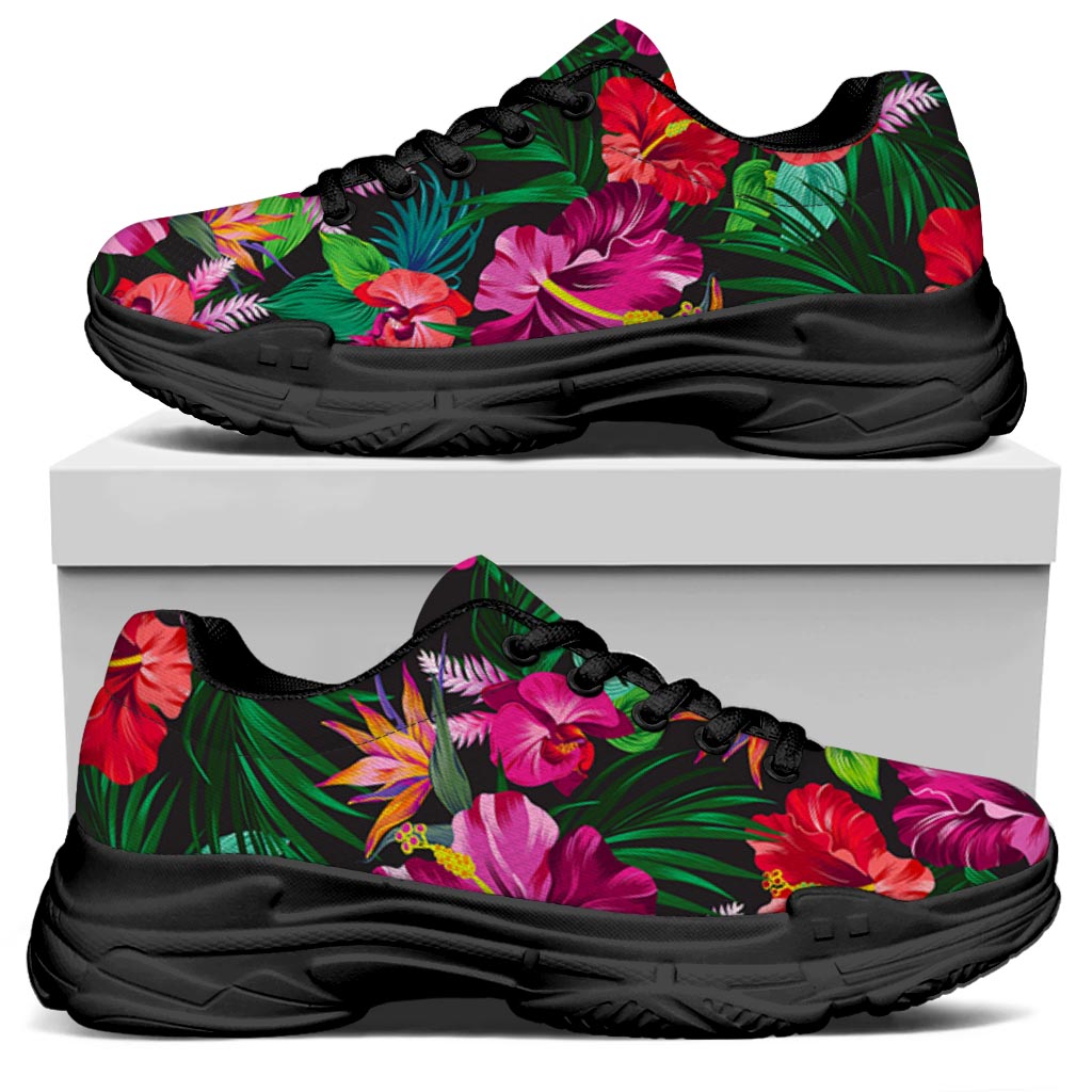 Hawaiian Floral Flowers Pattern Print Black Chunky Shoes
