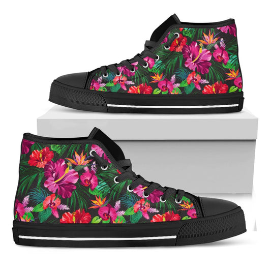 Hawaiian Floral Flowers Pattern Print Black High Top Sneakers