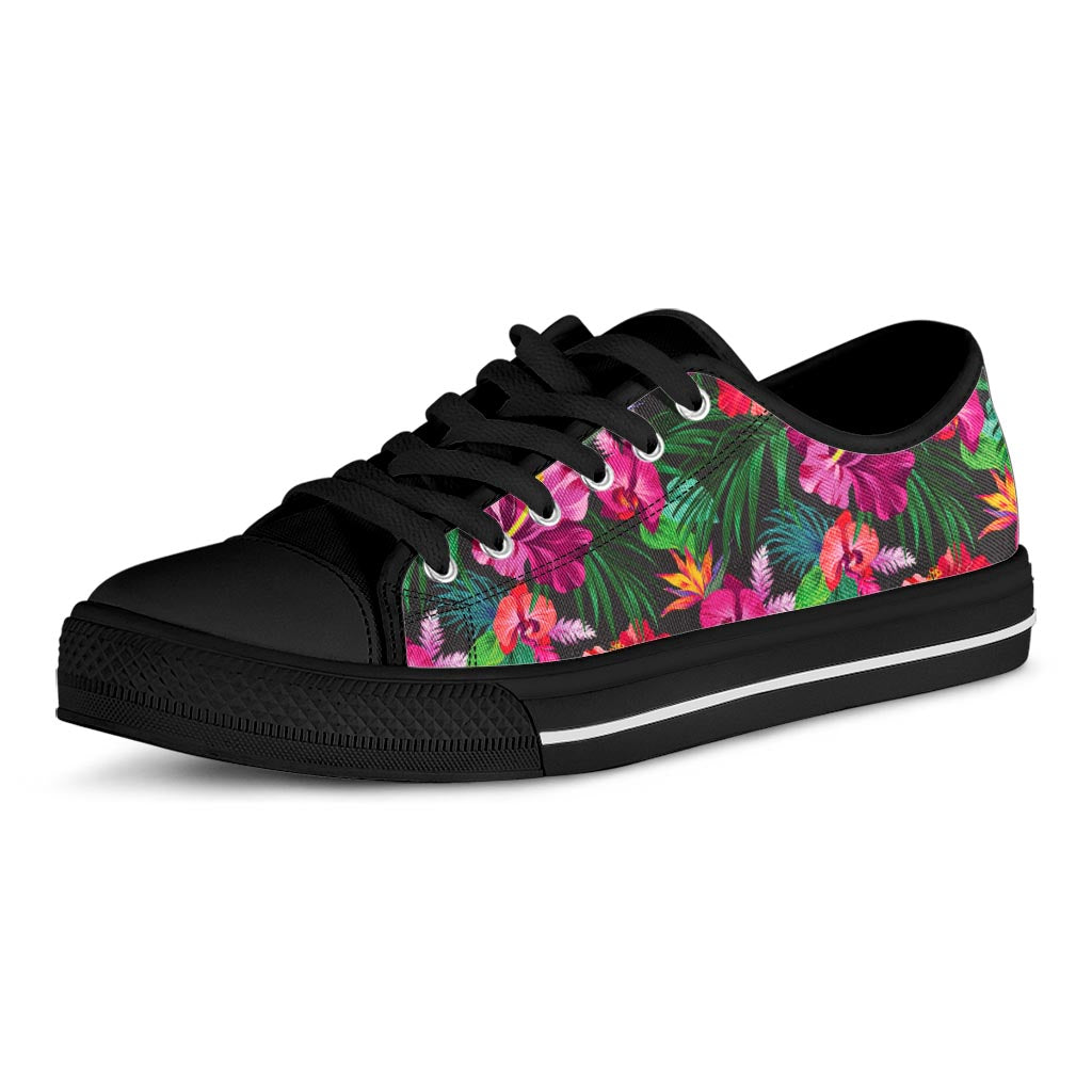 Hawaiian Floral Flowers Pattern Print Black Low Top Sneakers