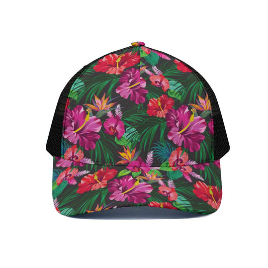 Hawaiian Floral Flowers Pattern Print Black Mesh Trucker Cap