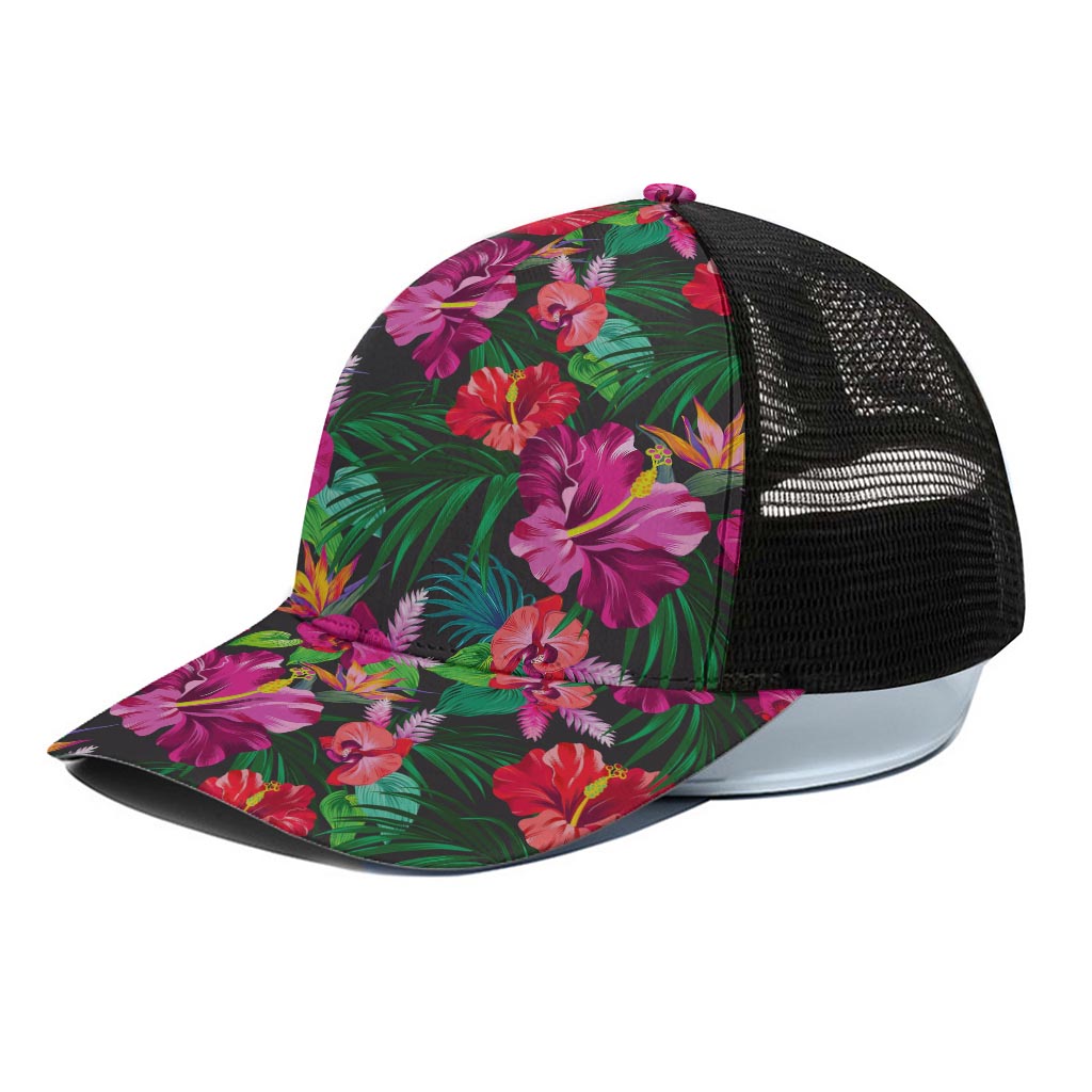 Hawaiian Floral Flowers Pattern Print Black Mesh Trucker Cap