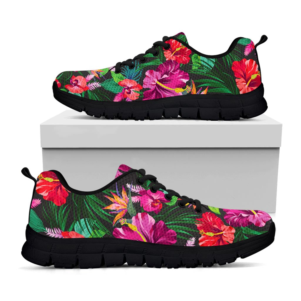 Hawaiian Floral Flowers Pattern Print Black Running Shoes