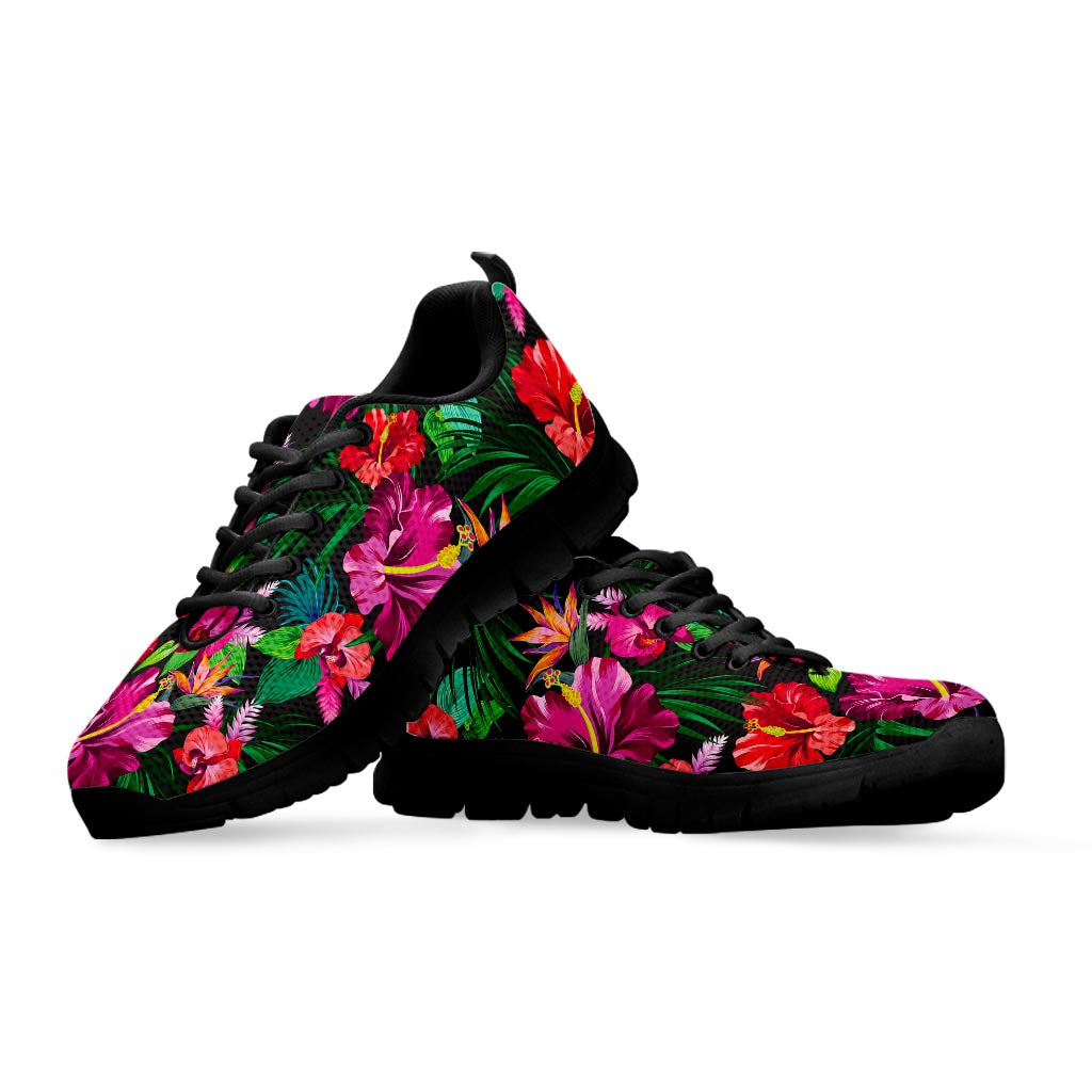 Hawaiian Floral Flowers Pattern Print Black Running Shoes