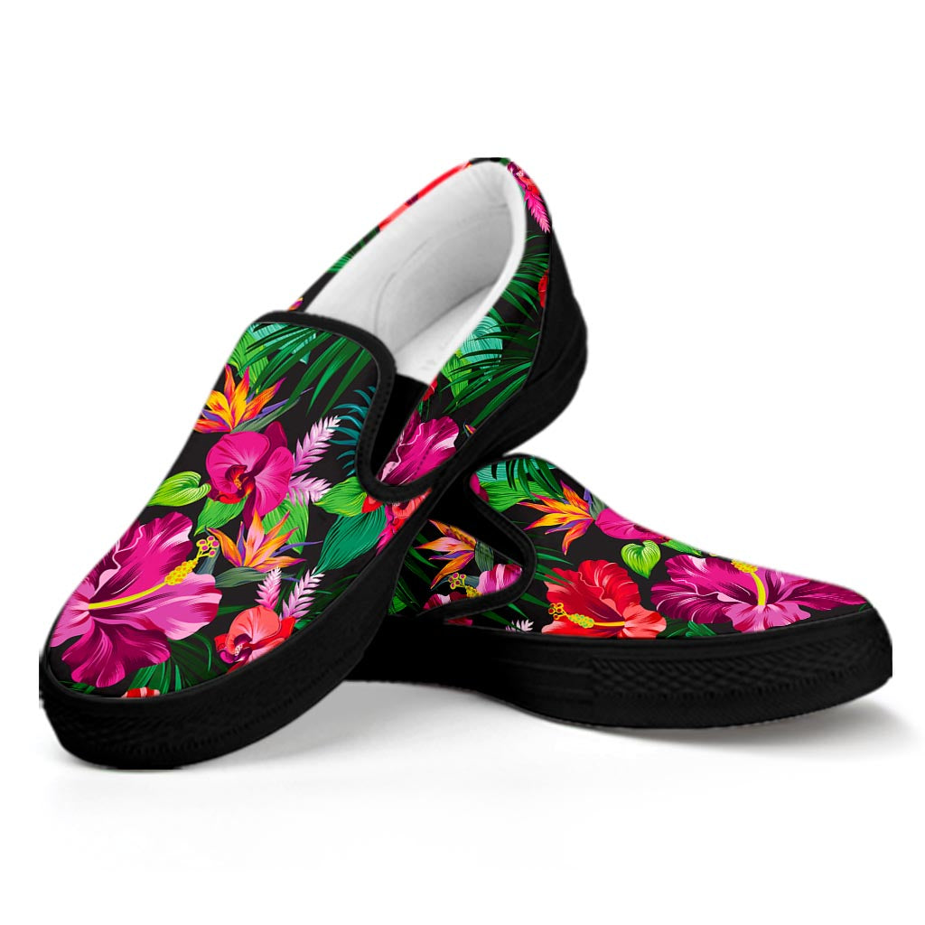 Hawaiian Floral Flowers Pattern Print Black Slip On Sneakers