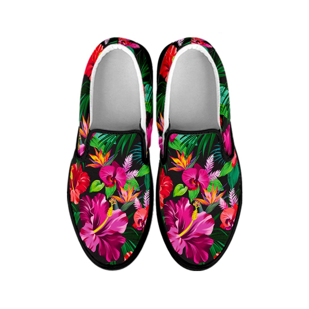 Hawaiian Floral Flowers Pattern Print Black Slip On Sneakers