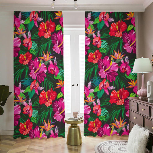 Hawaiian Floral Flowers Pattern Print Blackout Pencil Pleat Curtains