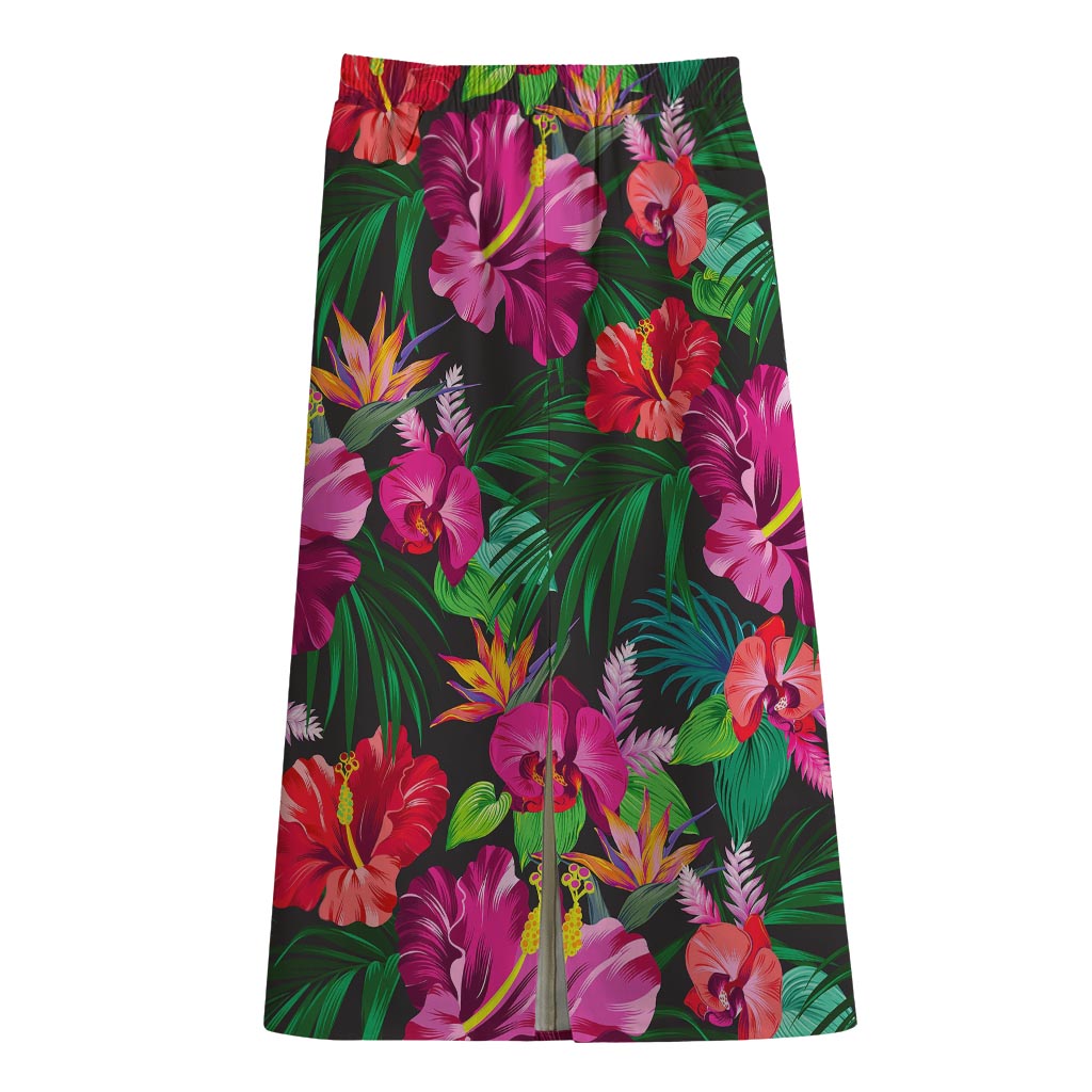Hawaiian Floral Flowers Pattern Print Cotton Front Slit Maxi Skirt