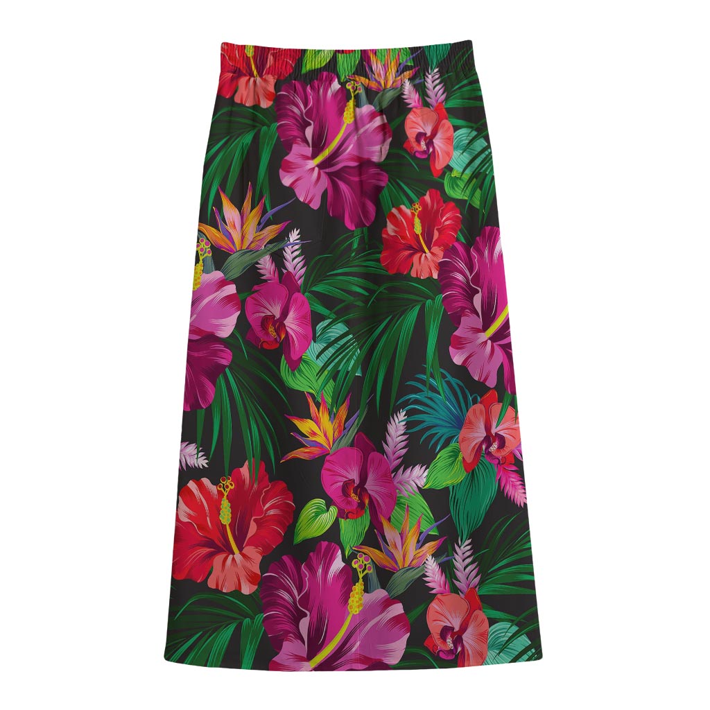 Hawaiian Floral Flowers Pattern Print Cotton Front Slit Maxi Skirt