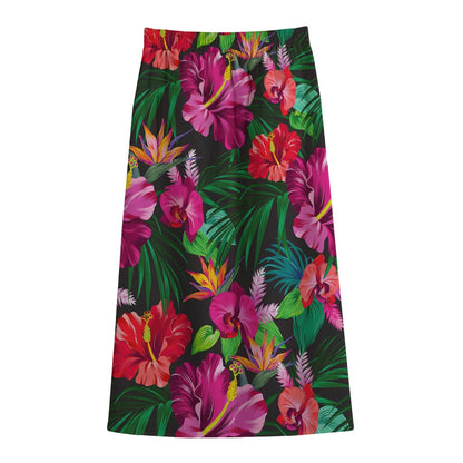 Hawaiian Floral Flowers Pattern Print Cotton Front Slit Maxi Skirt