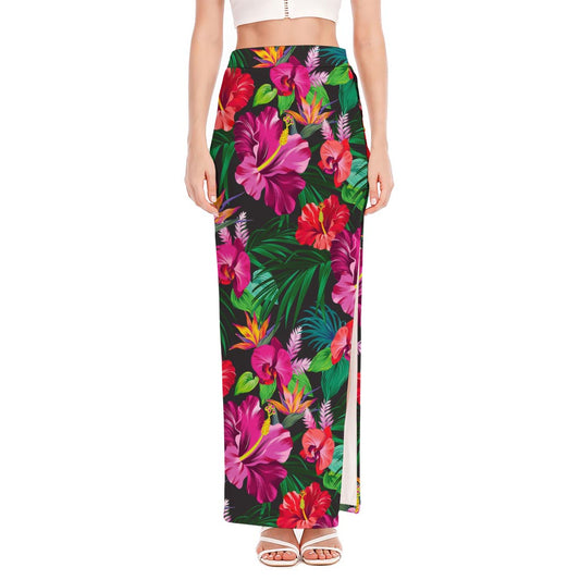 Hawaiian Floral Flowers Pattern Print High Slit Maxi Skirt