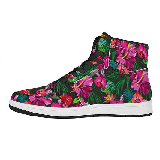 Hawaiian Floral Flowers Pattern Print High Top Leather Sneakers