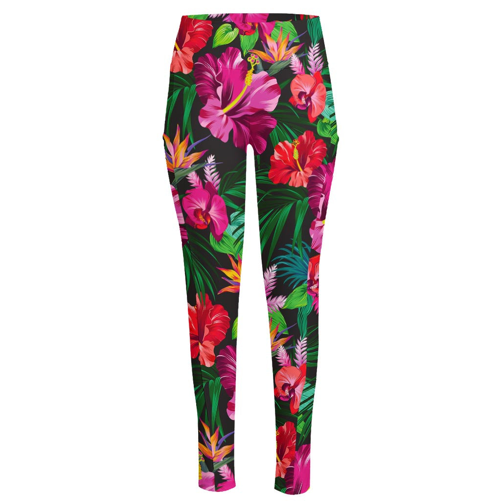 Hawaiian Floral Flowers Pattern Print High-Waisted Pocket Leggings