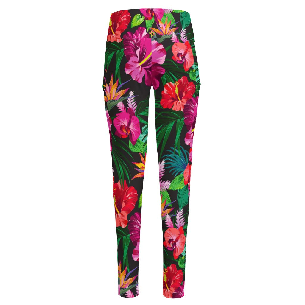 Hawaiian Floral Flowers Pattern Print High-Waisted Pocket Leggings