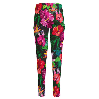 Hawaiian Floral Flowers Pattern Print High-Waisted Pocket Leggings