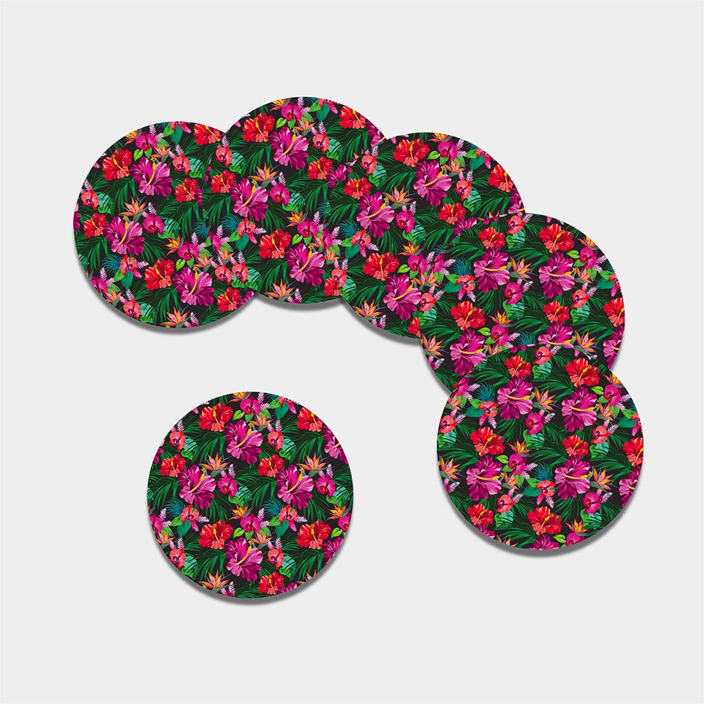 Hawaiian Floral Flowers Pattern Print Leather Coaster Set