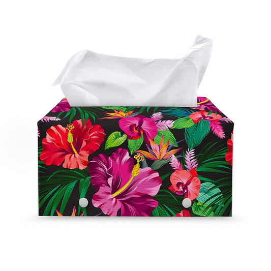 Hawaiian Floral Flowers Pattern Print Leather Tissue Box Cover