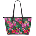 Hawaiian Floral Flowers Pattern Print Leather Tote Bag With Zipper