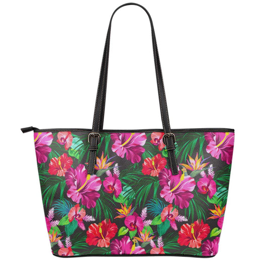 Hawaiian Floral Flowers Pattern Print Leather Tote Bag