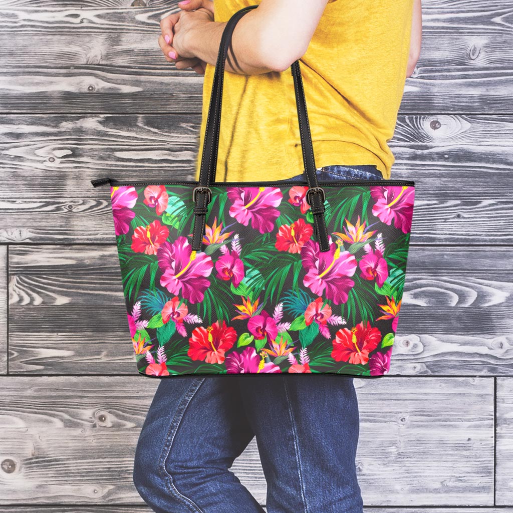 Hawaiian Floral Flowers Pattern Print Leather Tote Bag