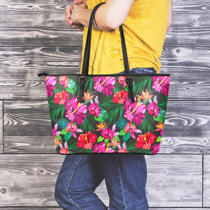 Hawaiian Floral Flowers Pattern Print Leather Tote Bag