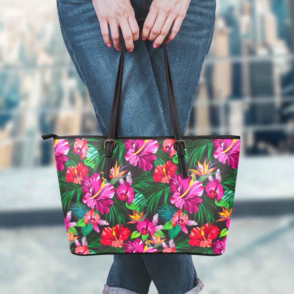 Hawaiian Floral Flowers Pattern Print Leather Tote Bag