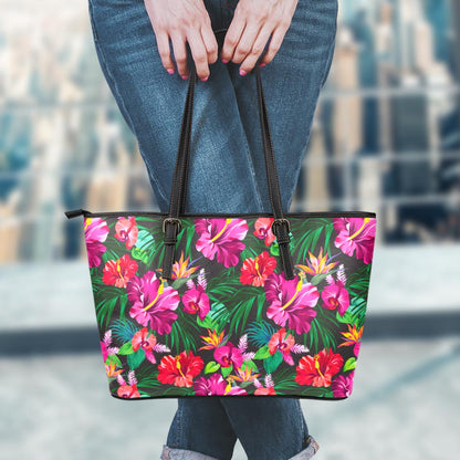 Hawaiian Floral Flowers Pattern Print Leather Tote Bag