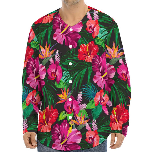 Hawaiian Floral Flowers Pattern Print Long Sleeve Baseball Jersey