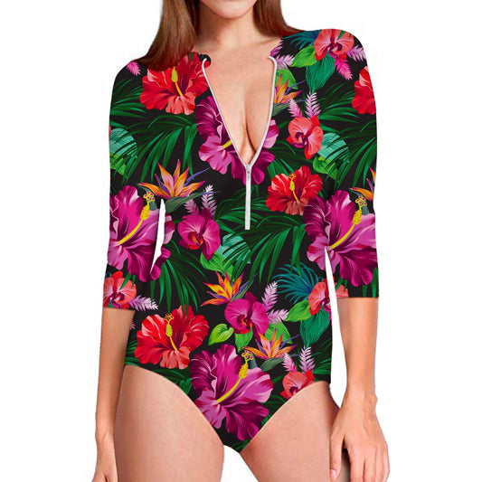 Hawaiian Floral Flowers Pattern Print Long Sleeve Swimsuit