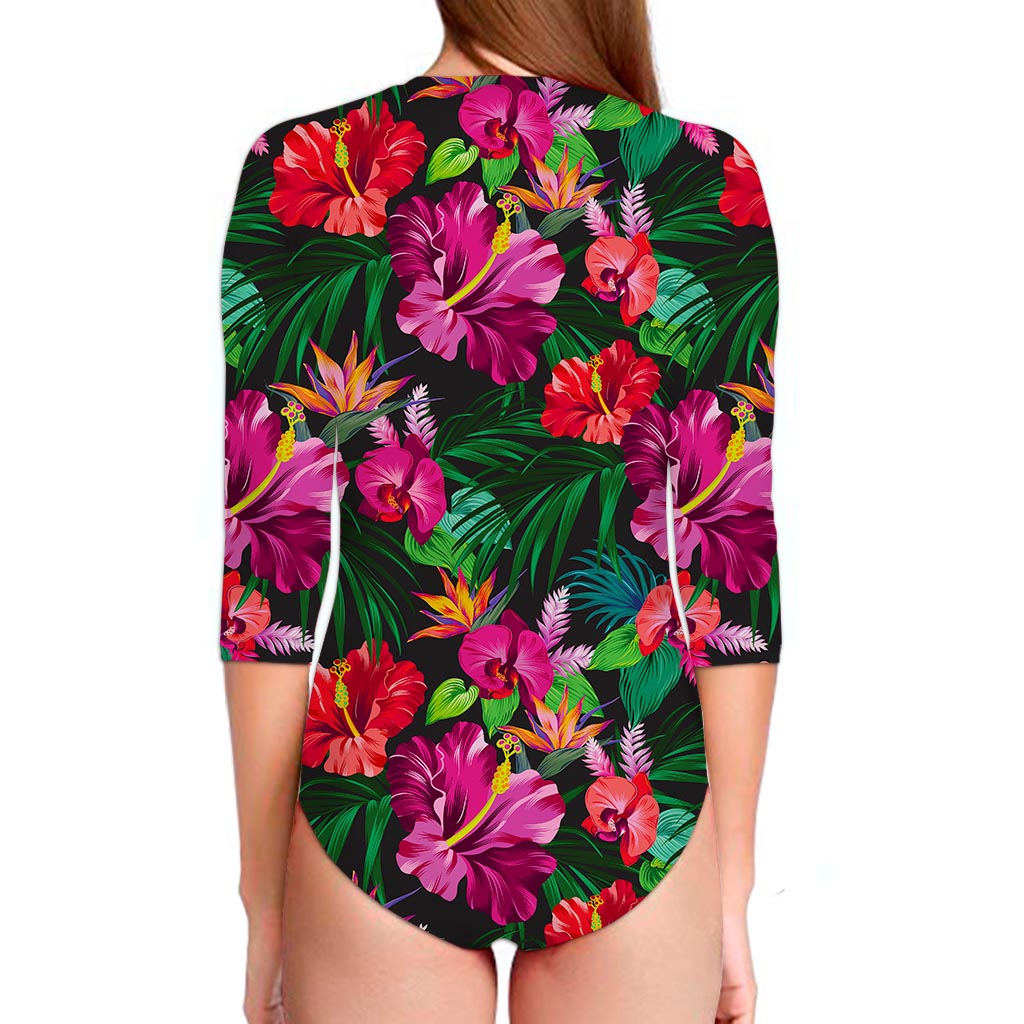Hawaiian Floral Flowers Pattern Print Long Sleeve Swimsuit