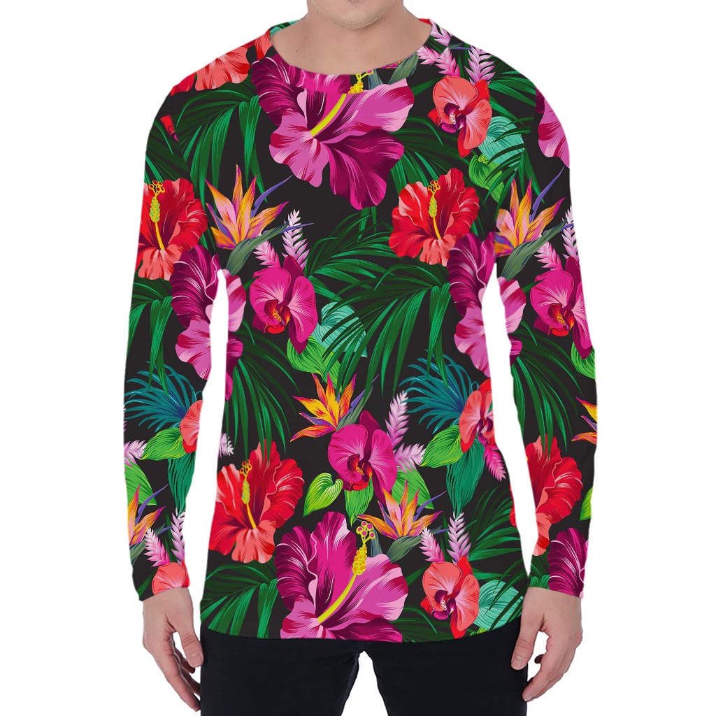 Hawaiian Floral Flowers Pattern Print Men's Long Sleeve T-Shirt