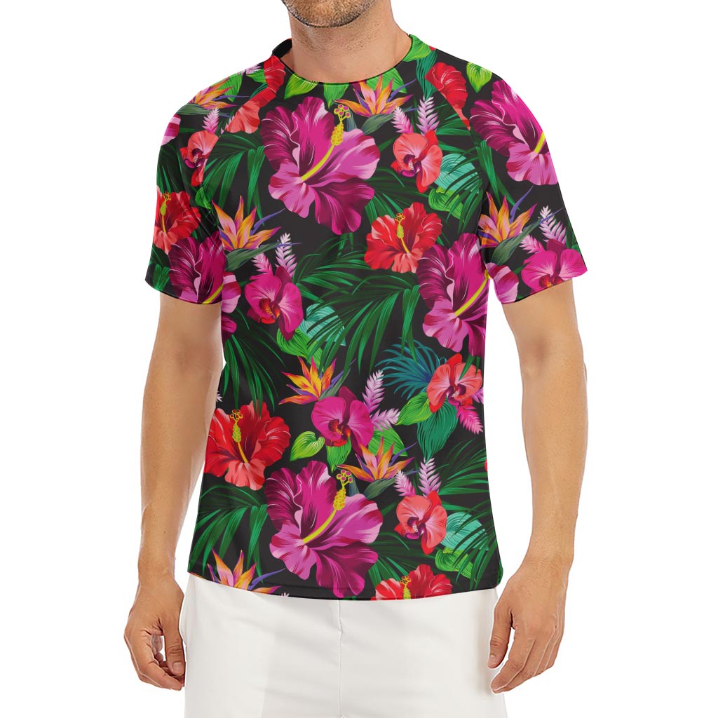 Hawaiian Floral Flowers Pattern Print Men's Short Sleeve Rash Guard