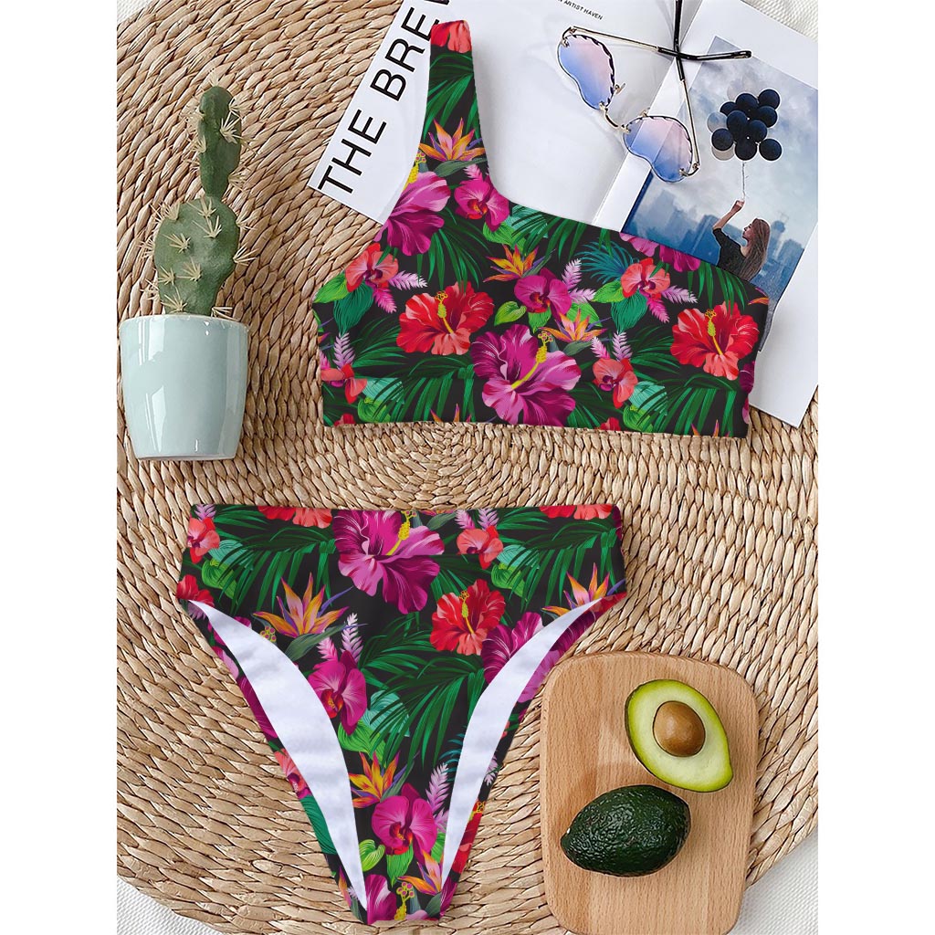 Hawaiian Floral Flowers Pattern Print One Shoulder Bikini Top