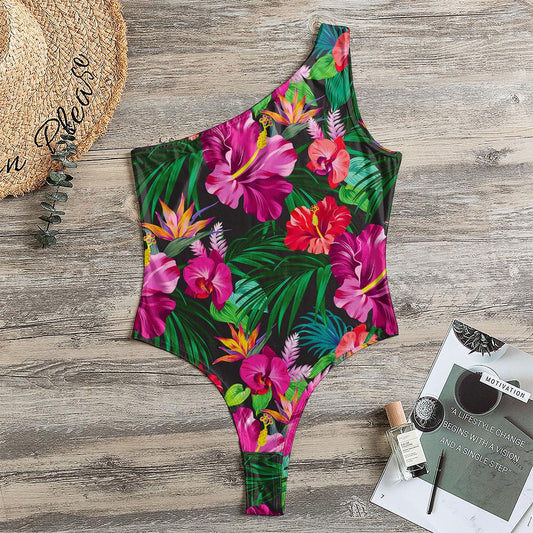 Hawaiian Floral Flowers Pattern Print One Shoulder Bodysuit