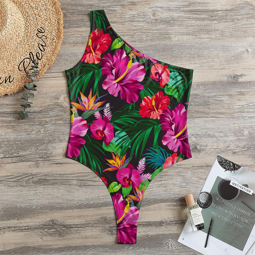 Hawaiian Floral Flowers Pattern Print One Shoulder Bodysuit