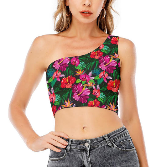 Hawaiian Floral Flowers Pattern Print One Shoulder Crop Top