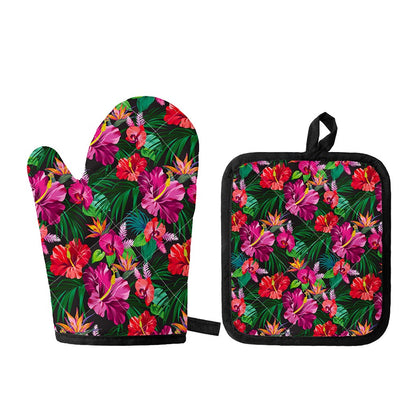 Hawaiian Floral Flowers Pattern Print Oven Mitt And Pot Holder Set